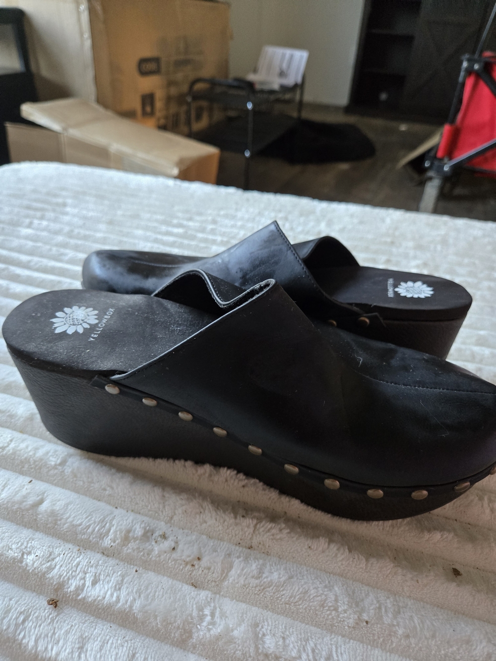 Yellow Box Black Studded Wedge Clogs